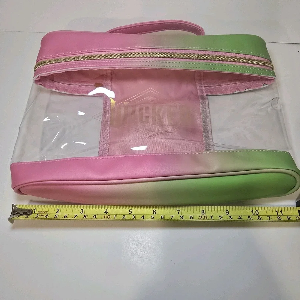 Wicked Pink Green Ombre Clear Cosmetic Travel Bag Organizer Gold Zip